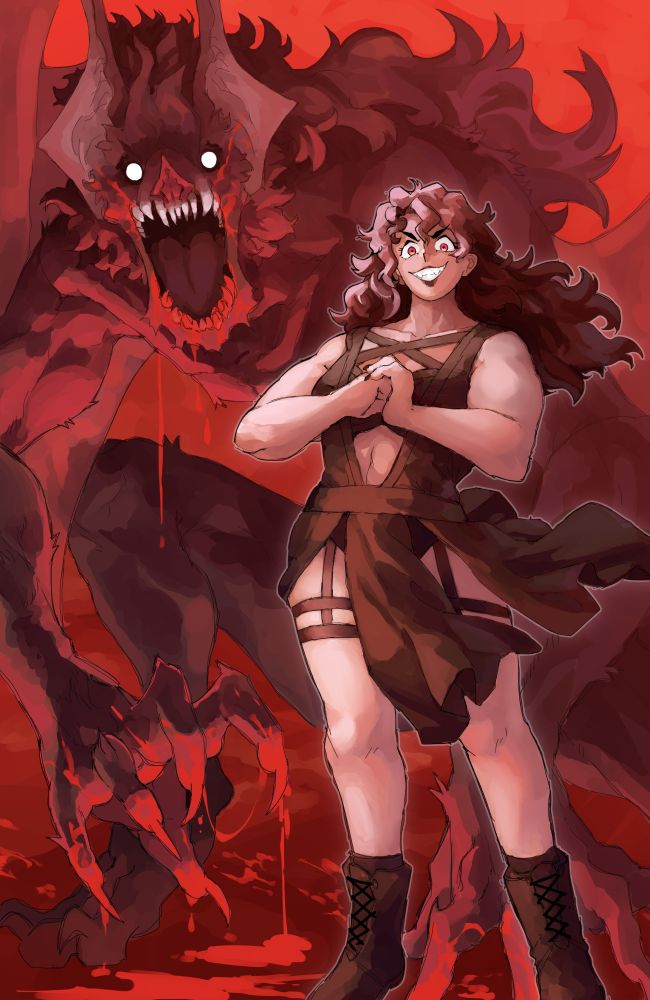 A digital illustration of a woman standing in front of a bat monster. She is well built and cracking her knuckles while smiling wickedly, with dark messy hair going down her back. She's wearing a black leather outfit  strapped in an X across her chest, with a vest open down to her belt with trailing folds in front and behind, straps on her thighs, and combat boots. Her monster form behind has her maw open screaming, her eyes are bright white circles and her claws and teeth are dripping with blood. 