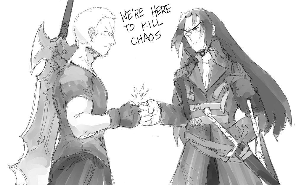 Monochrome digital image of Jack from Stranger of Paradise and Reviel from Nocturne: Rebirth fistbumping with the text "We're here to kill Chaos". Jack is a blonde dude with short hair and a t-shirt with a big sword on his back, Reviel is an edgy looking dude with long dark hair and a trenchcoat with two swords belted to his side.