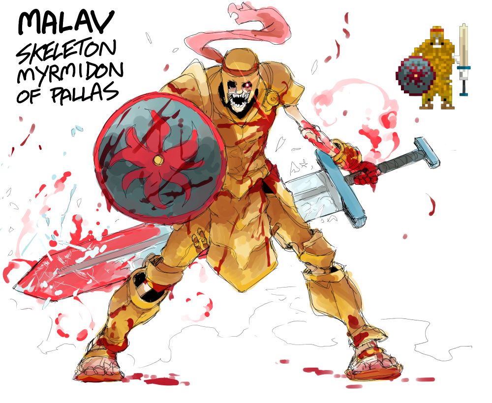 Digital sketch of a skeleton in gold plated armor drenched in blood. They hold a round shield in their right hand pointed at the viewer, the shield is embossed with a red flower pattern. Their right hand holds a blue greatsword with a cross hilt, reverse gripped, and the sword is radiating an aura of blood and ice. In the top right corner is the sprite taken from the game that the art is interpreting. Text in the top right: MALAV, SKELETON MYRMIDON OF PALLAS
