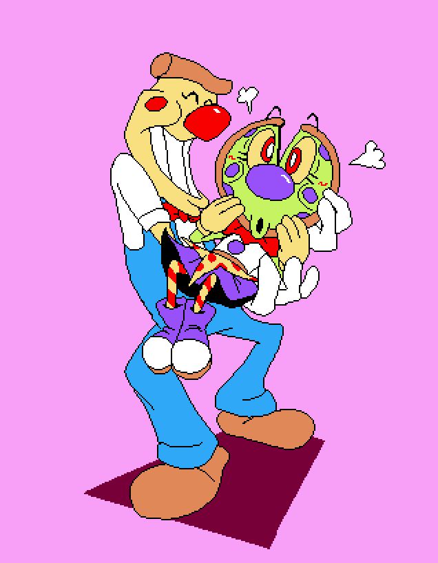Pixel art commission with pizzahead from pizza tower and @gasterkei.bsky.social's pizza tower OC
