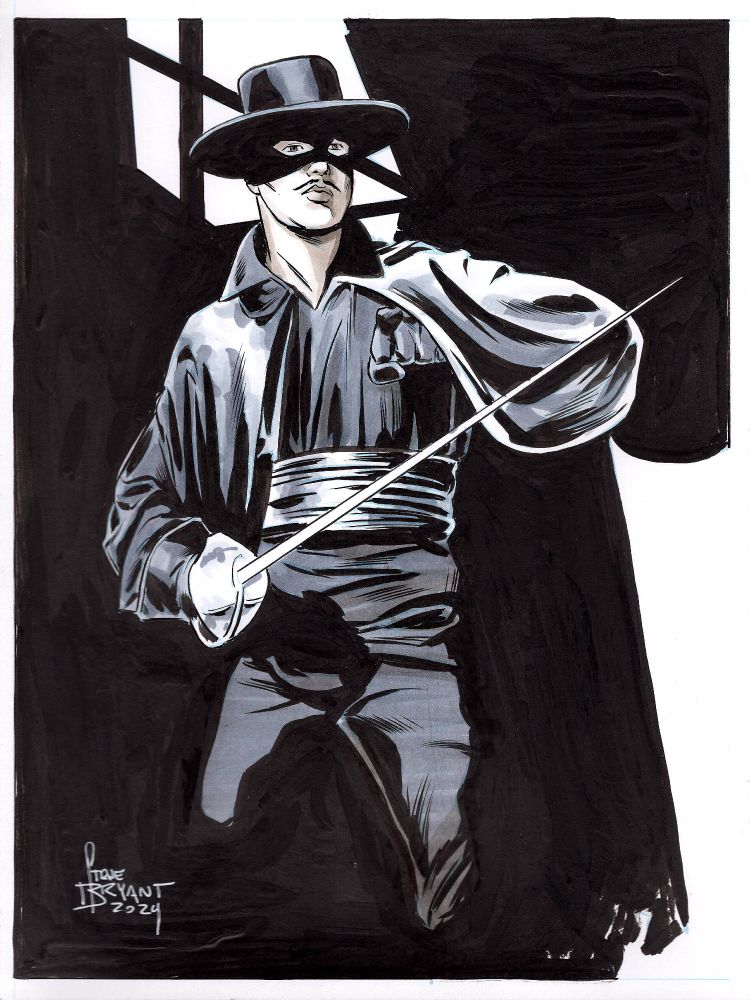 Zorro. 9x12 ink on Bristol board w/alcohol marker gray tones.