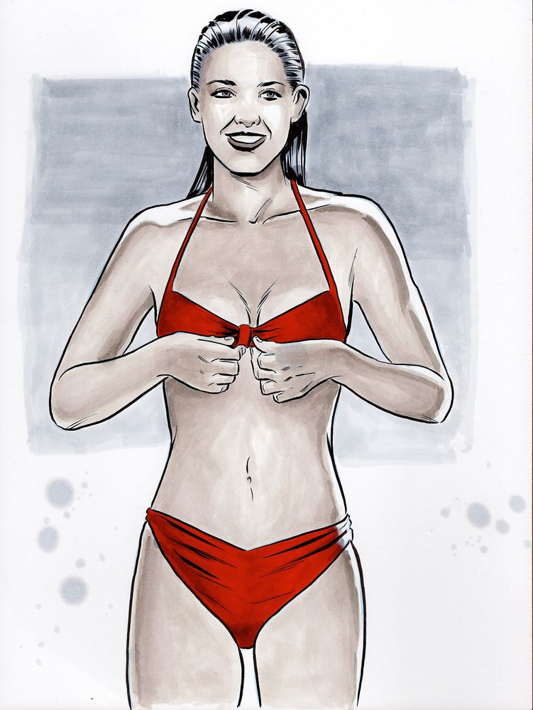 9x12 ink and marker drawing of Phoebe Cates from Fast Times at Ridgemont High, emerging from a swimming pool in a red bikini.