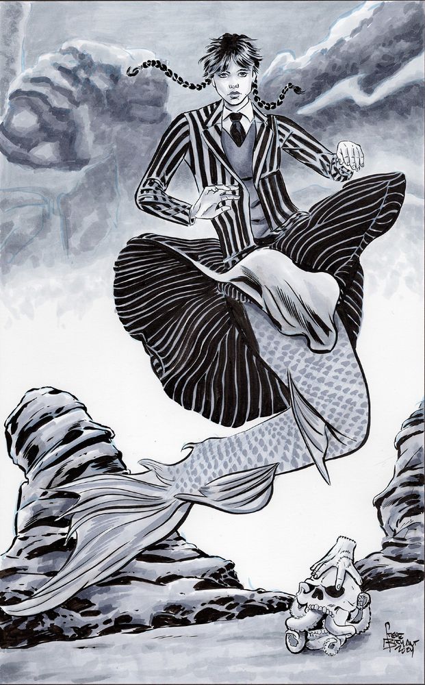 Wednesday Addams as a mermaid. 11x17 ink on Bristol board w/alcohol marker gray tones.
