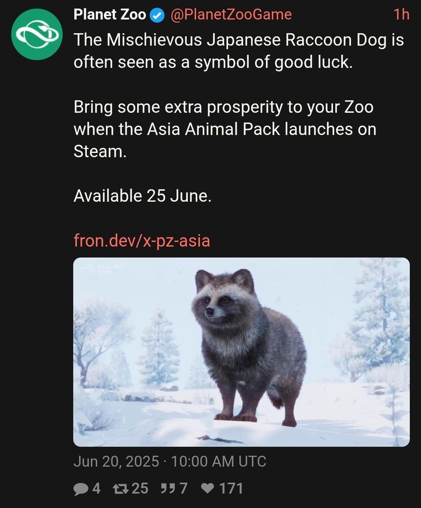 Official Planet Zoo Twitter announcing Asia Animal Pack with an ingame screenshot of a Tanuki.