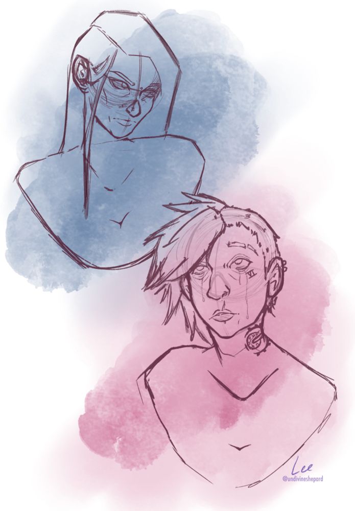 two warm up sketches of Caitlyn and Vi after the arcane act 1 breakup/betrayal scene, messily colored. 