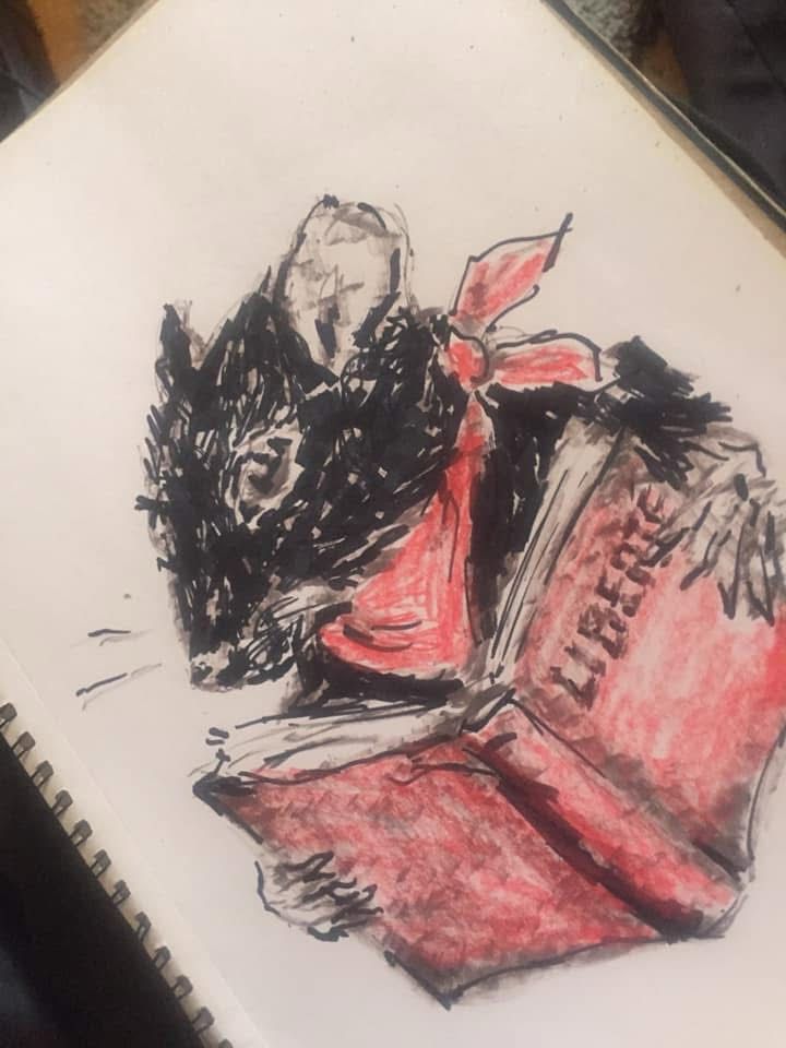 Rough sketch type drawing of a black rat wearing a red neck bandana, holding  open a large red book with the word Liberté on it