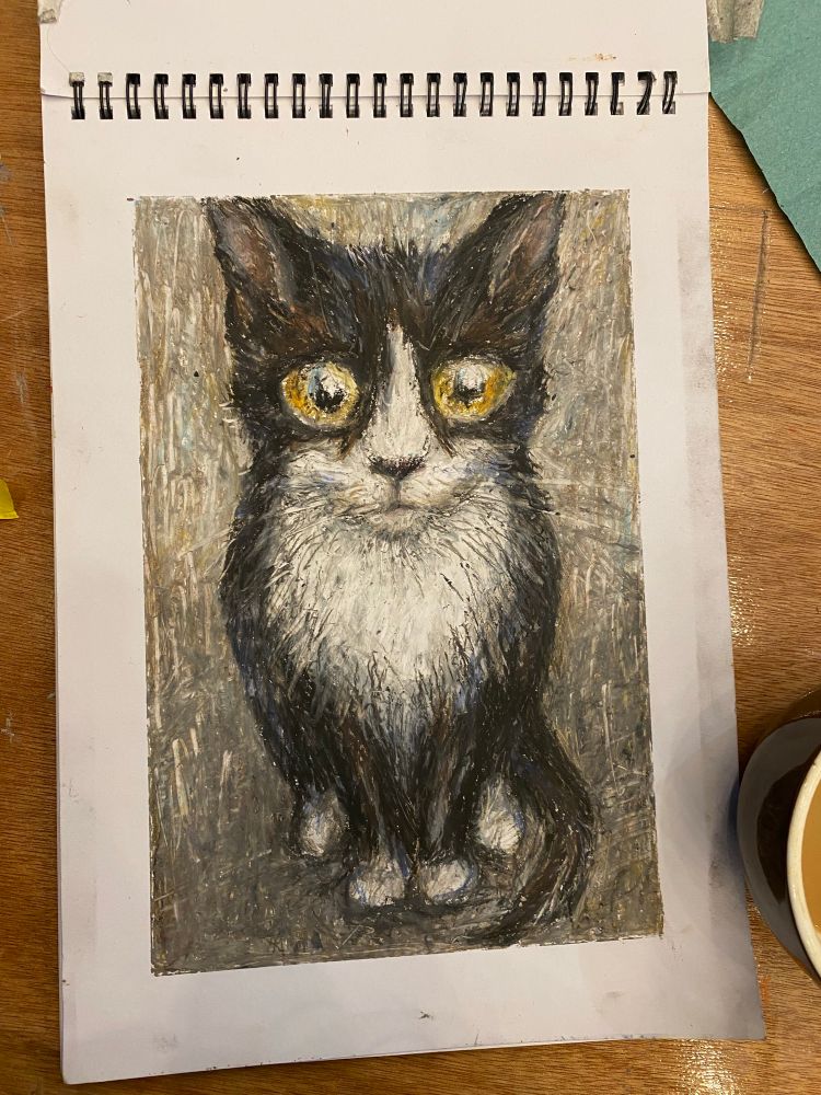 Oil pastel drawing of a sad big eyed tuxedo cat who has clearly never been fed ever