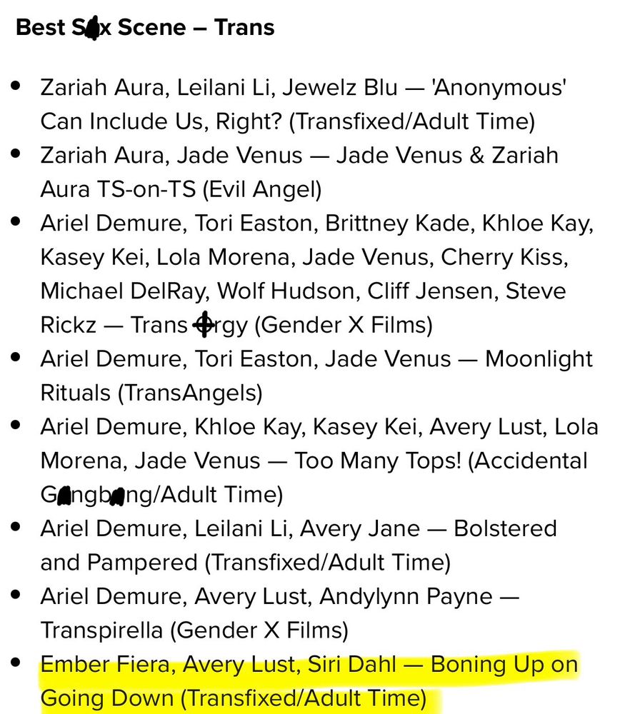 Best Sex Scene - Trans
• Zariah Aura, Leilani Li, Jewelz Blu — 'Anonymous' Can Include Us, Right? (Transfixed/Adult Time)
• Zariah Aura, Jade Venus — Jade Venus & Zariah Aura TS-on-TS (Evil Angel)
• Ariel Demure, Tori Easton, Brittney Kade, Khloe Kay, Kasey Kei, Lola Morena, Jade Venus, Cherry Kiss, Michael DelRay, Wolf Hudson, Cliff Jensen, Steve Rickz - Trans Ørgy (Gender X Films)
• Ariel Demure, Tori Easton, Jade Venus - Moonlight Rituals (TransAngels)
• Ariel Demure, Khloe Kay, Kasey Kei, Avery Lust, Lola Morena, Jade Venus — Too Many Tops! (Accidental GAngbang/Adult Time)
• Ariel Demure, Leilani Li, Avery Jane — Bolstered and Pampered (Transfixed/Adult Time)
• Ariel Demure, Avery Lust, Andylynn Payne —Transpirella (Gender X Films)
• Ember Fiera, Avery Lust, Siri Dahl - Boning Up on Going Down (Transfixed/Adult Time)