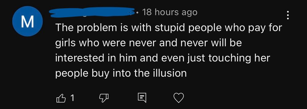 Screenshot of YouTube comment M (username obscured) The problem is with stupid people who pay for girls who were never and never will be interested in him and even just touching her people buy into the illusion