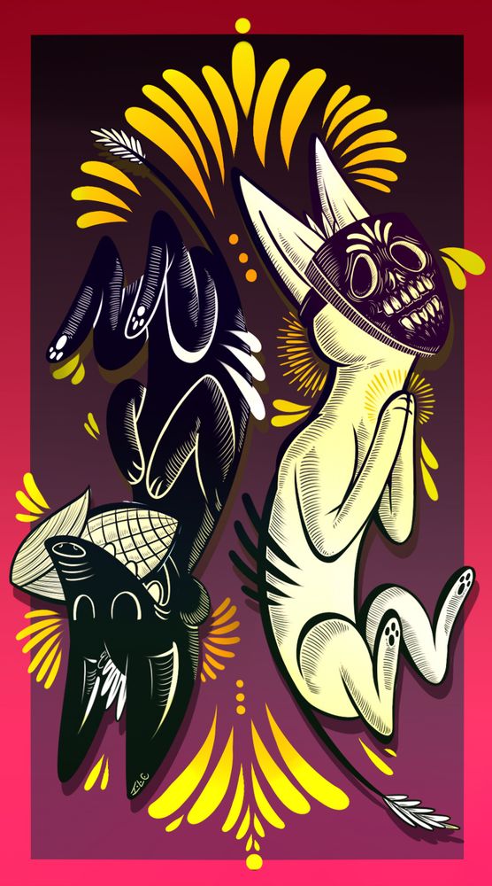 An illustration of a pair of xoloitzcuintles, one is holding a piece of corn and the other one has a mask on that looks like a skull.
The back ground is purple with some orange ornaments

I got inspired by colima dogs