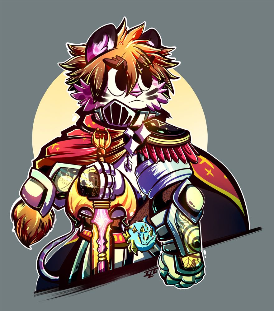 Another dnd comission for a friend. It's his paladin Lance. He's holding his magical sword and has Bahamut paraphernalia. The background is gray and has a yellow circle 