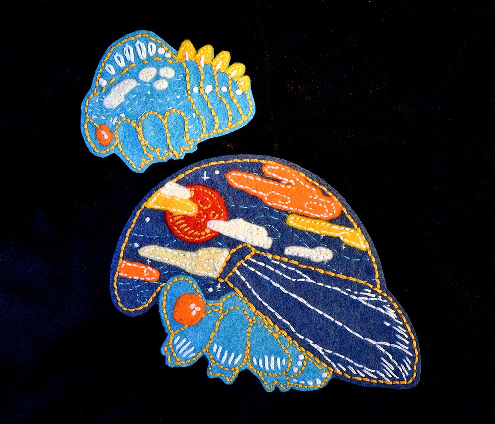 A couple of leaf hopper embroidered patches, larval and adult stages. They are color blue and have a night sky motiff, this two are also looking for a home :D