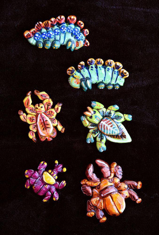A bunch of polymer clay pins in a black background.
This pins are coated in resin so they can be cleaned easily.

There are caterpillars, leaf bugs, a stag beetle and a weevil