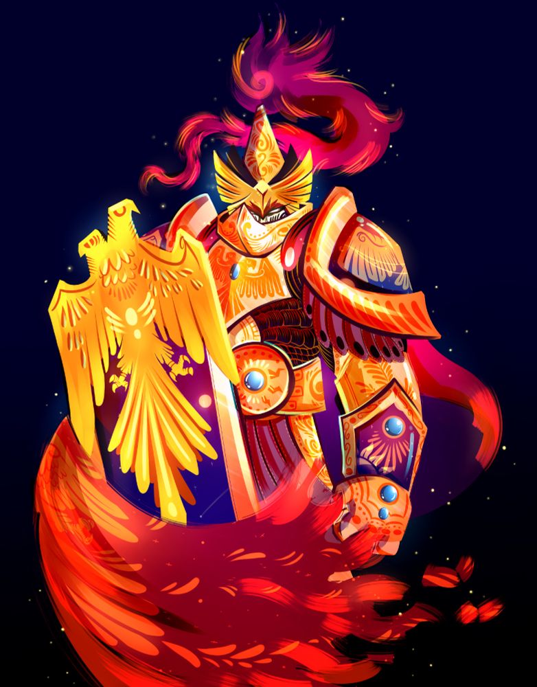 An illustration of an adeptus custodes holding a praesidium shield on a dark blue background. The illustration has no lineart