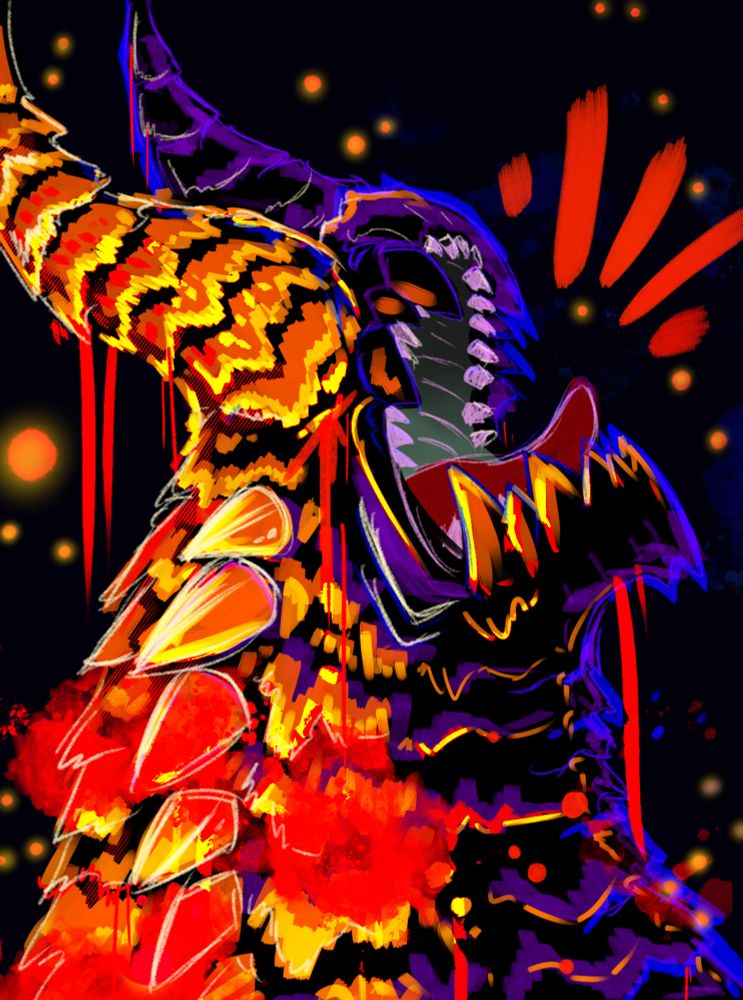 Clipside of the pinkeye flight
I'm not the percent you think survives
I need sanctuary in the pages of this book
Gestating with all the other rats
Nurse said that my skin will need a graft
I am of pockmarked shapes
The vermin you need to loathe
...
A black messy illustration of a chaotic gore magala, there are splats of red in the left down corner of the picture

The lyrics are from "Son et lumière" by The Mars Volta