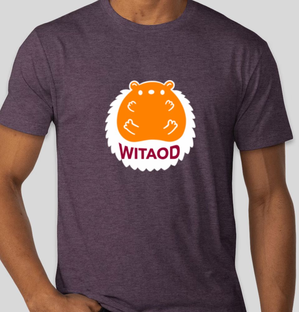 T-shirt design mockup of the logo for the "Who Is The Administrator of Doge" movement depicting a cartoon hedgehog with the letters "WITAOD" in its quills 