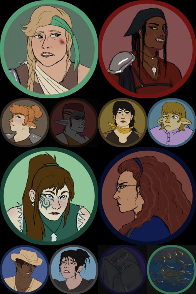 12 tokens I drew for a DND campaign, including 2 spooky monsters, 9 lesbians, and a lost halfling child :)