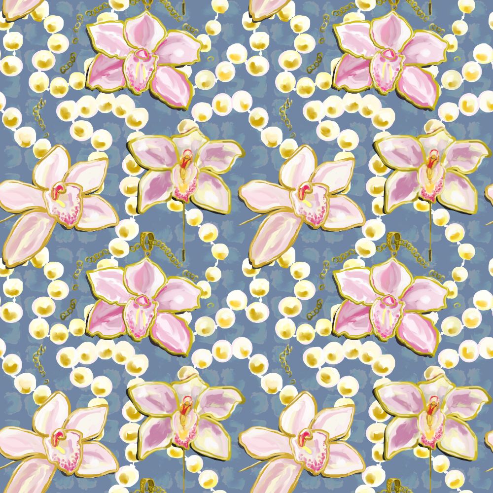 2x2 tiles of a repeating digital illustration showing a string of pearls and three pieces of jewellery that are enamel and gold representations of cymbidium orchids. One has a broken fine gold chain. The background is pale blue grey and blotchy.
