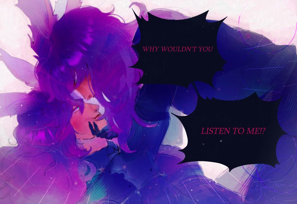 My wol Nirli, pinned down by Esteem. Esteem yelling at him "why wouldn't you listen to me!?" While lifting Nirli's chin up.