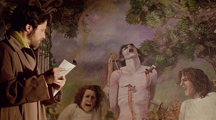 Mock fresco in The House with Laughing Windows of a man being tortured by women