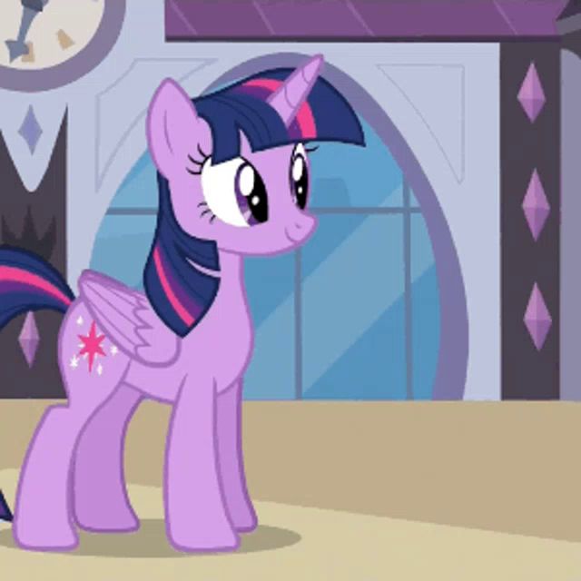 twilight sparkle from my little pony is standing in front of a clock