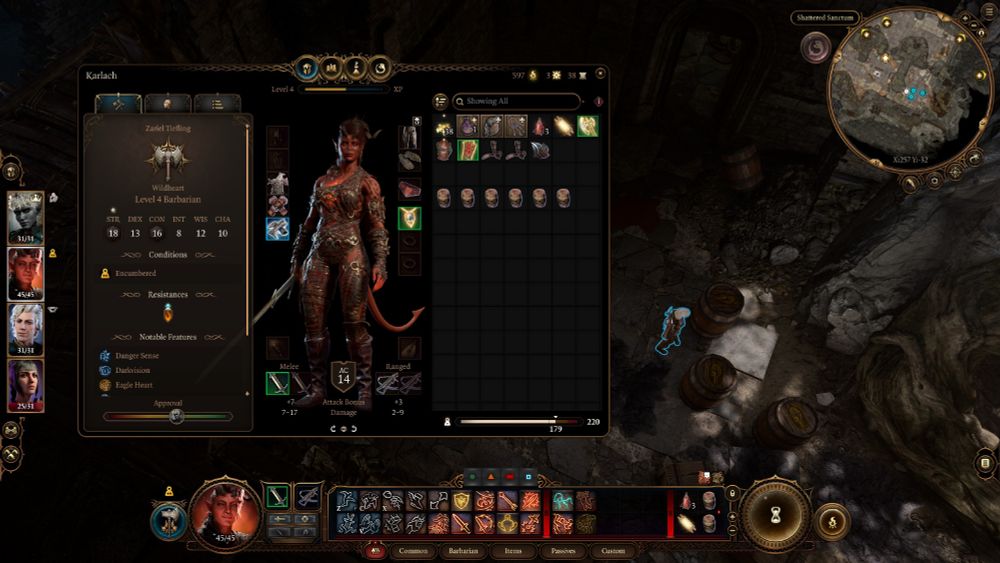 A screenshot from Baldur's Gate of the inventory of Karlach, displaying 6 barrels of Smokepowder.