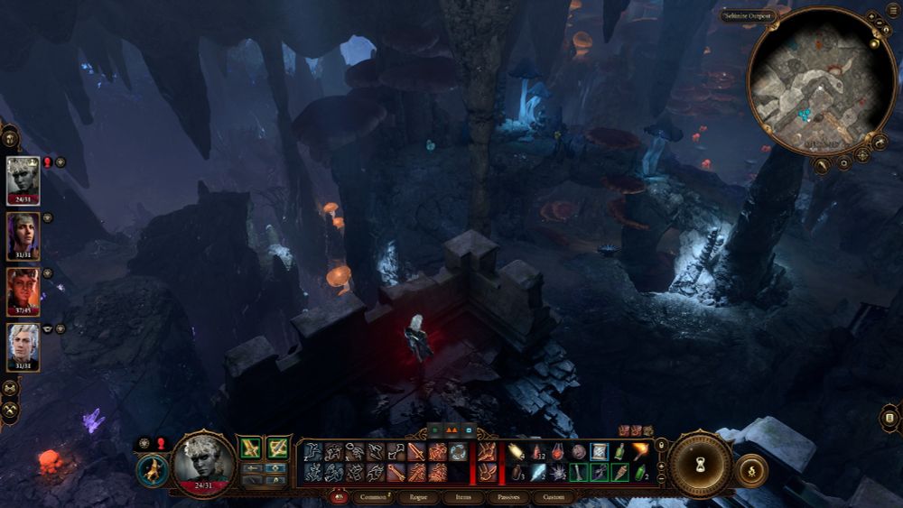 A screenshot from Baldur's gate 3 of a Drow woman looking out over the Underdark, a subterranean realm of phosphorescent fungi and stone stalagtites,