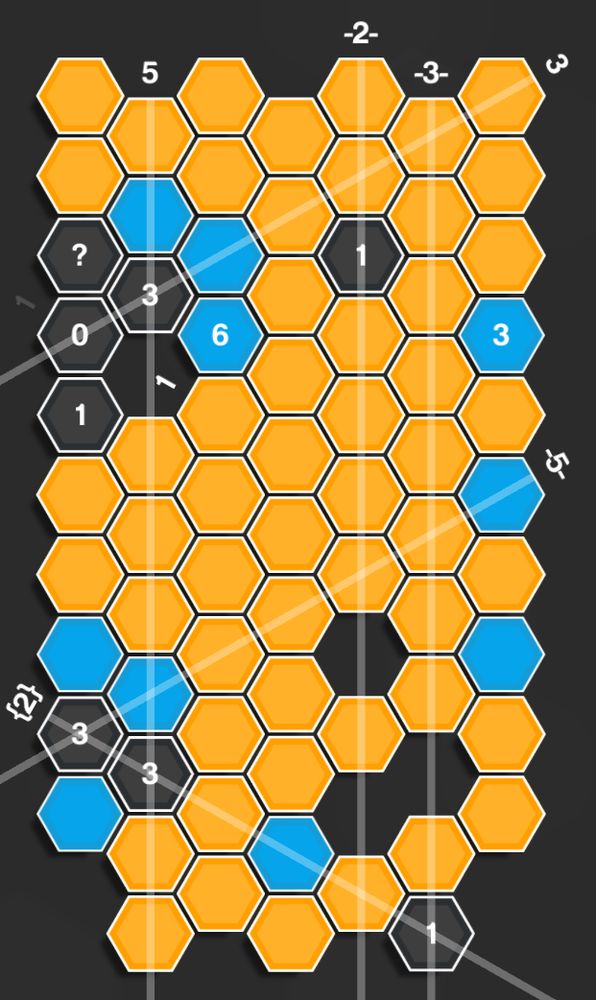 A Hexcells grid, like hexagonal Minesweeper with more brain hurty. Not going to try describing the layout.