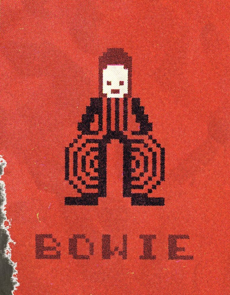 A stylized David Bowie, made with MRMOTEXT characters in textmode, and processed to look like a halftone print.