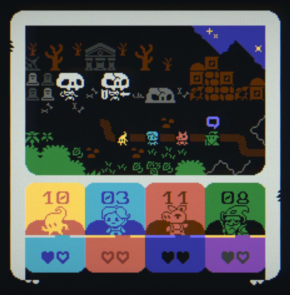 Textmode pixelart mockup of a combat display of sorts. Four characters appear to be fighting some large skeletons.