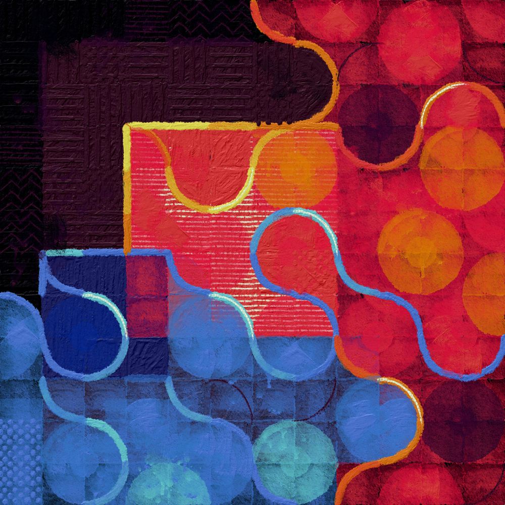 Abstract painting-like composition in blue and red, featuring circles and swirls with outlines.