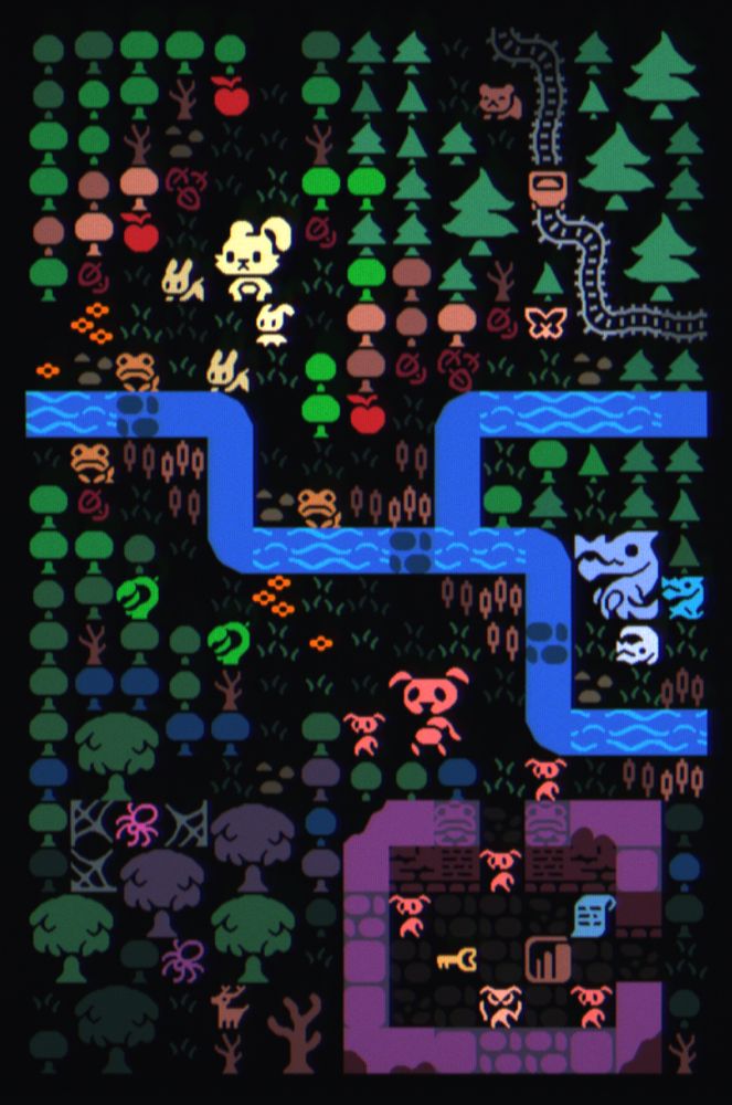 High-res textmode pixelart of a forest containing a small dungeon. There's several various critters scattered around, as well as a river and some minecart tracks. CRT shader applied for stylistic purposes.