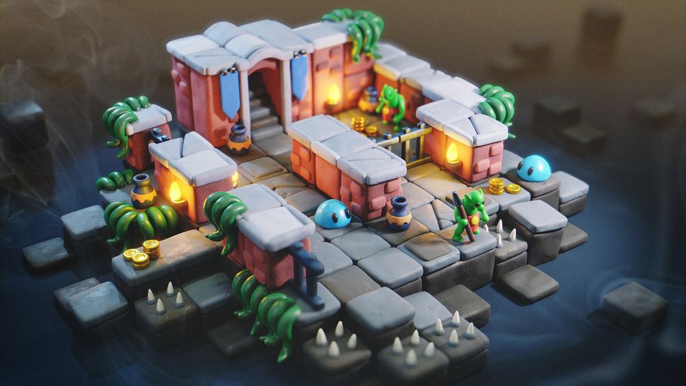 3D render of a tiny dungeon that appears to be made of plasticine or clay. There's a couple of goblins and slimes, scattered golden coins, spike tiles, torches and plants.