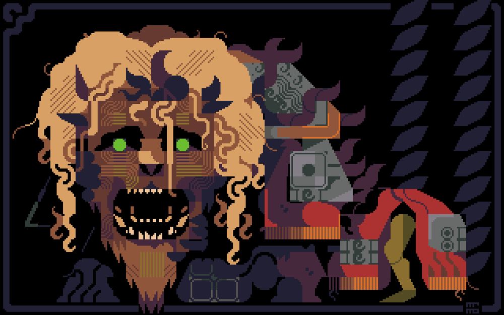 Textmode pixelart depiction of the Elden Ring boss "Divine Beast Dancing Lion".