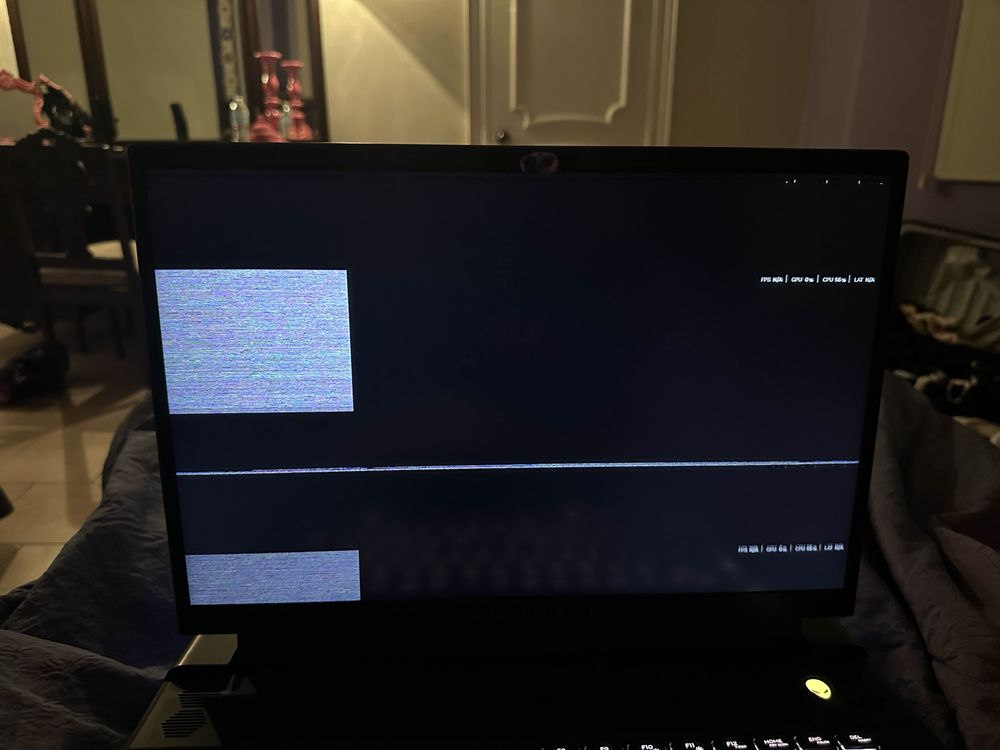 A picture of Starry's laptop, with two small boxes of static and just generally glitching out.