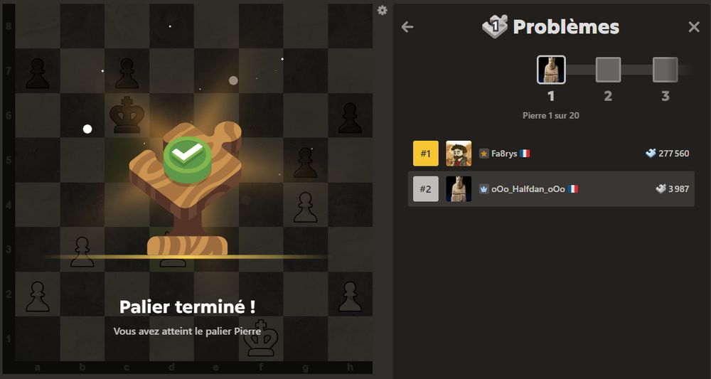 printscreen du passage au niveau pierre en mode problèmes sur le site chess.com