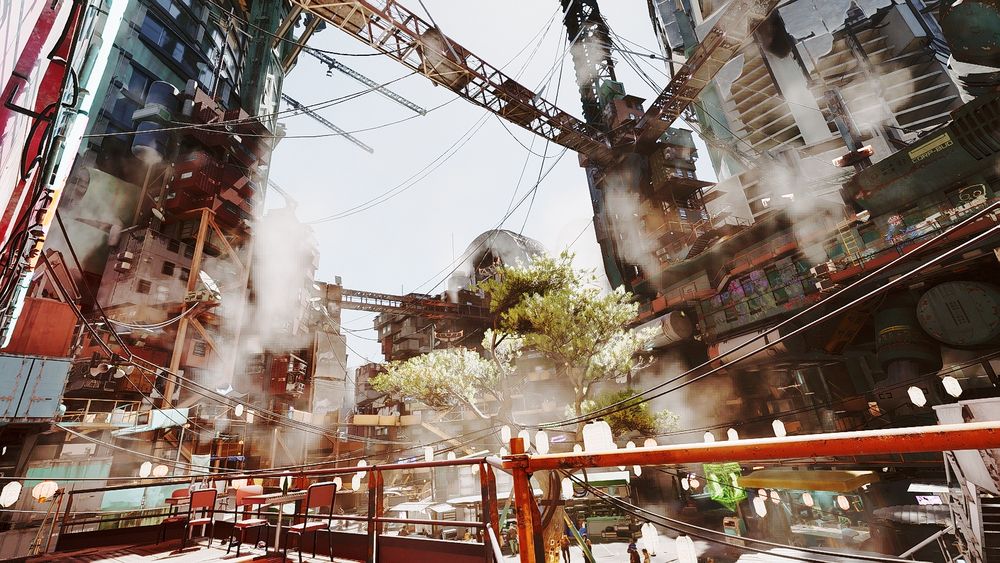 Screenshot de Cyberpunk 2077 dans Dogtown:

vue en contre plongée au dessus de l'arbre où on de rend compte du gigantisme des immeubles autour et de leur aspect délabré et inachevés