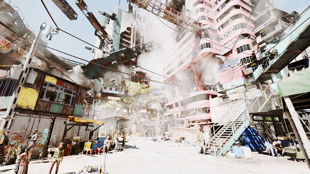 Screenshot de Cyberpunk 2077 dans Dogtown:

soleil fort qui illumine une placette dans un bidon ville fait de cabanes de tôles et de vieux conteneurs et d'immeubles délabrés