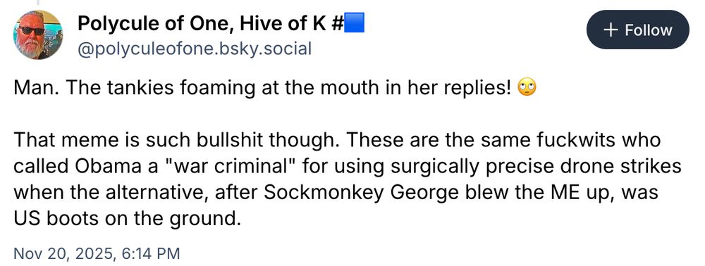 Polycule of One, Hive of K #_ 
@polyculeofone.bsky.social

Man. The tankies foaming at the mouth in her replies! 

That meme is such bullshit though. These are the same fuckwits who called Obama a "war criminal" for using surgically precise drone strikes when the alternative, after Sockmonkey George blew the ME up, was US boots on the ground. 

Nov 20, 2025, 6:14 PM