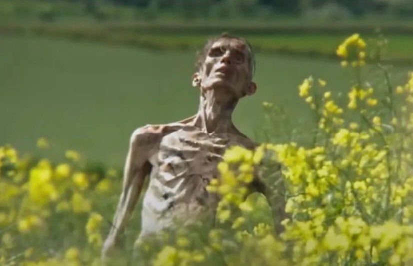 Still from the trailer for the new movie 28 years later showing an emaciated infected rising in a field