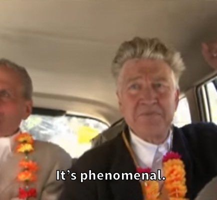 An image of David Lynch in a car with text that reads "it's phenomenal"
