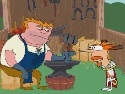 Still from the television show Home Movies showing Brendan and Coach McGuirk at the Renaissance Festival. With Brendan dressed as a king and McGuirk dressed as a blacksmith sitting at an anvil with a hammer.