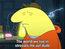 Still from the television show Smiling Friends showing Charlie speaking and looking sad in a lav with text that reads "the world we live in stresses me out dude"
