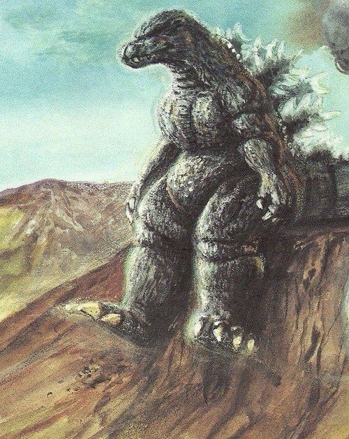 An illustration of Godzilla sitting on the edge of a cliff looking off into the distance looking somewhat solem.