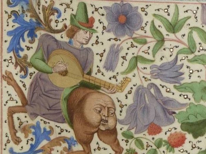 A medieval drawing of a bard centaur whose butt is a face
