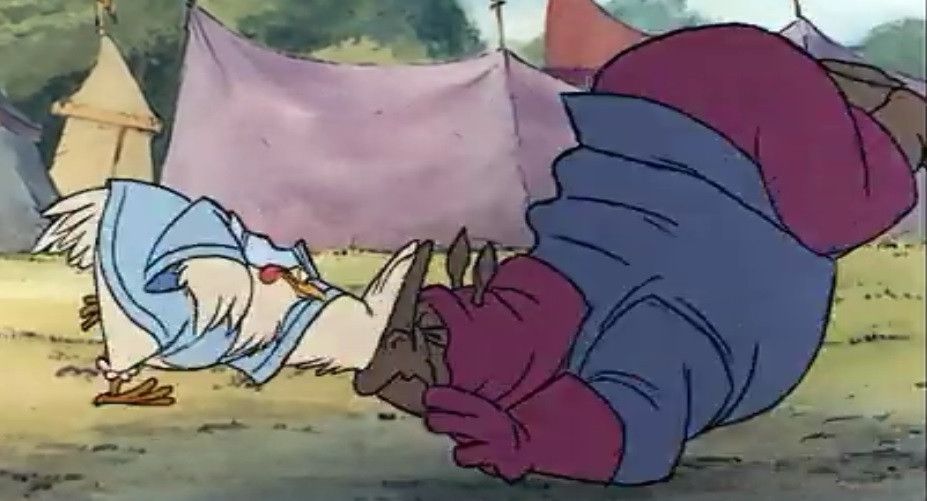 Still from the disney movie robin hood showing Lady Cluck stopping a rhino guard with one hand