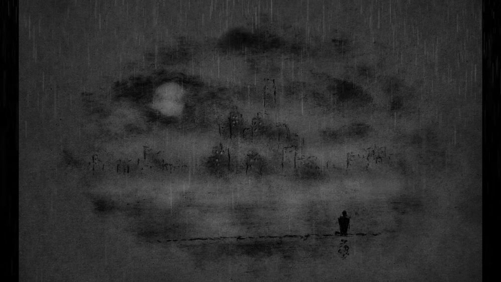 Skyline im Nebel. Kohlezeichnung.