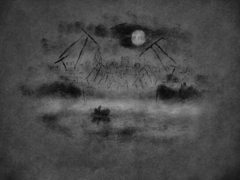 New York Harbour & Boat, Charcoal-Drawing.