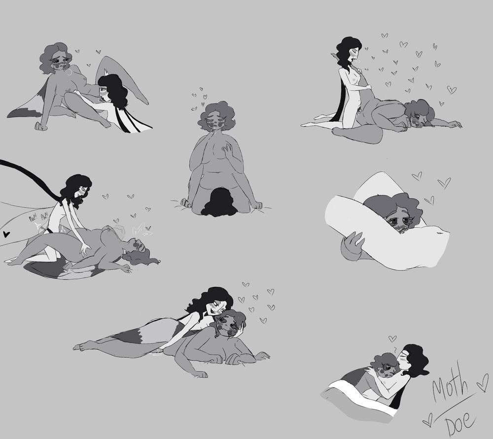 A series of black and white doodles of my ocs Melon and Esther having lots of lesbian sex