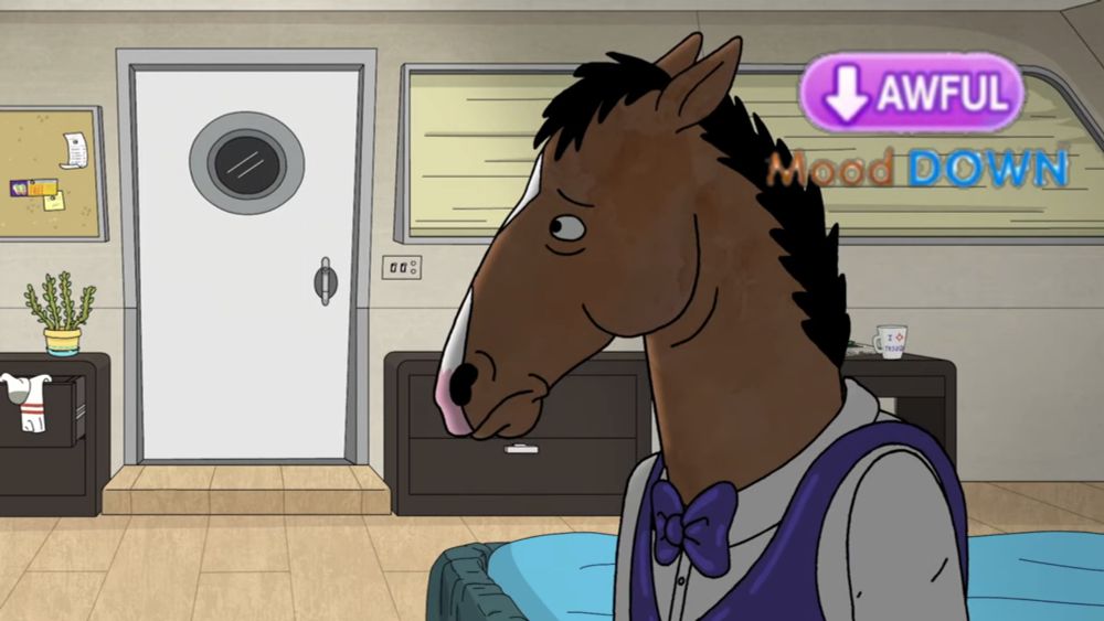 A frame from BoJack Horseman's Escape from LA, directly after Charlotte catches the title character in a compromising position with her daughter in a boat and threatens to ruin him if he tries to contact them again before leaving. 

For the purpose of a meme the "AWFUL" and "MOOD DOWN" text from the mobile game Umamusume is positioned above BoJack.